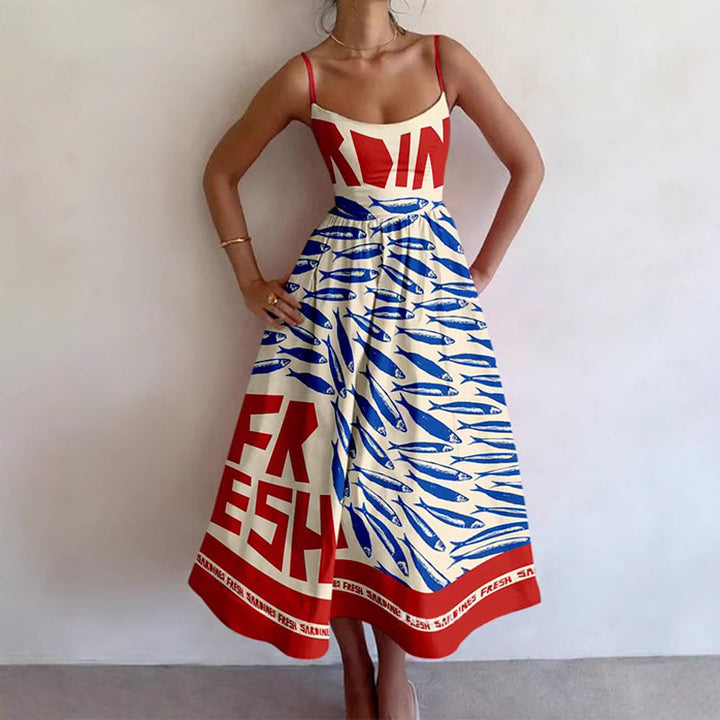 Damen Midi-Kleid mit auffälligem Grafikdruck und schwingendem Rock Drune
