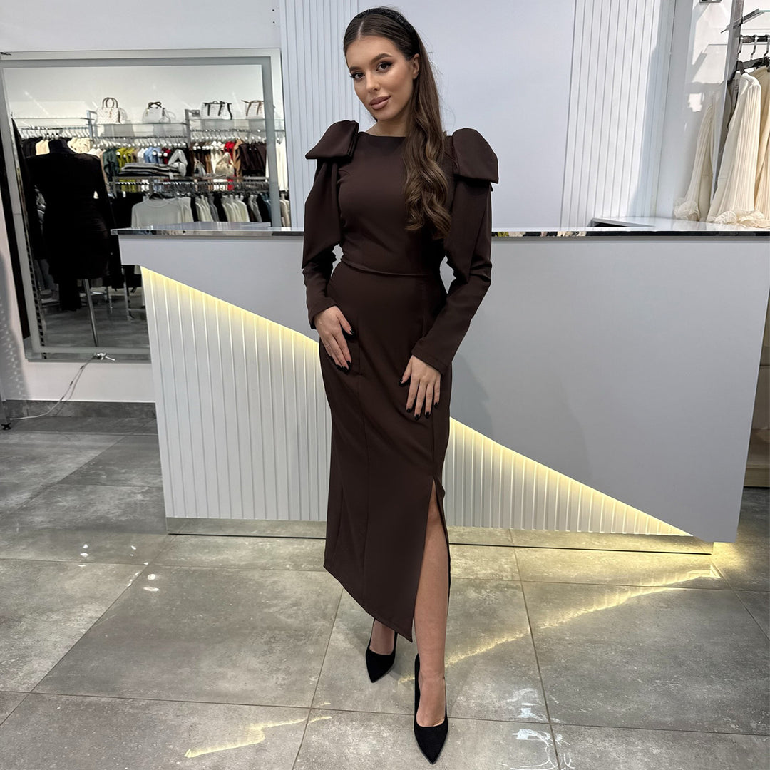 Damen Maxi-Kleid mit eleganten Puffärmeln und seitlichem Schlitz Drune