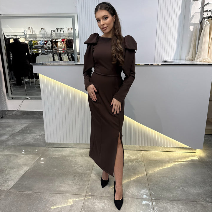 Damen Maxi-Kleid mit eleganten Puffärmeln und seitlichem Schlitz Drune