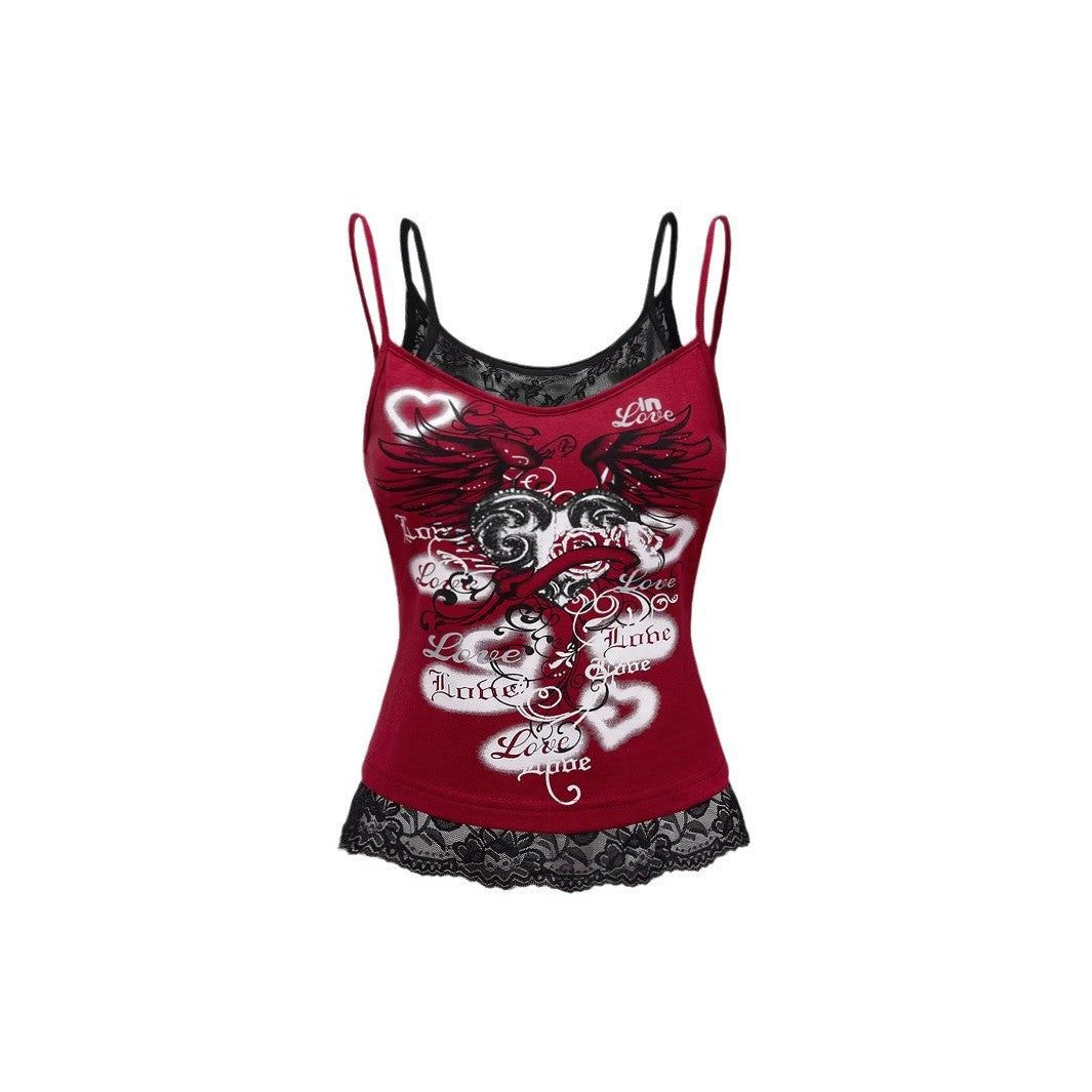 Damen Spitze Cami Top mit Grafischem Print Drune