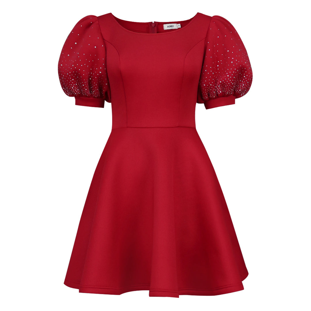Damen A-Linien Kleid mit glamourösen Puffärmeln und Perlenapplikationen Drune