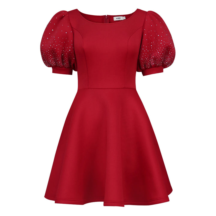 Damen Cocktailkleid mit voluminösen Puffärmeln und schimmernden Akzenten Drune