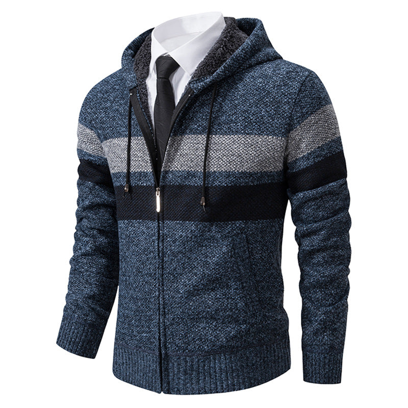 Herren nan gefütterte Kapuzen-Strickjacke mit Teddyfutter, durchgehendem Reißverschluss und kontrastierenden Streifen Drune