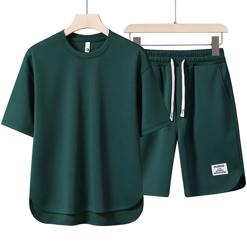 Unisex lässiges Set aus T-Shirt und Shorts mit seitlichen Taschen und elastischem Bund Drune