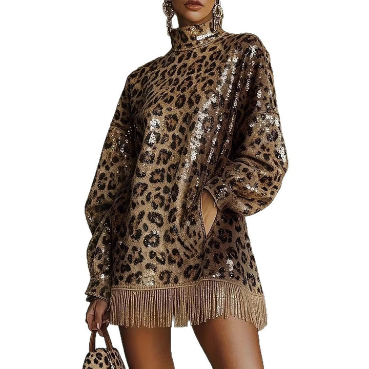 Damen Glitzerndes Kurzkleid mit Leopardenmuster und Fransen Drune