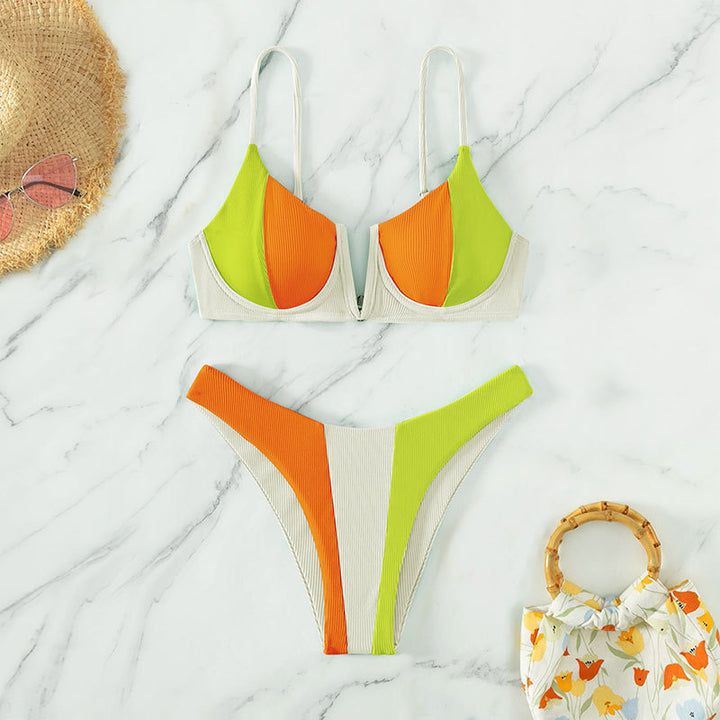 Damen Triangel-Bikini mit buntem Blockdesign und verstellbaren Trägern Drune
