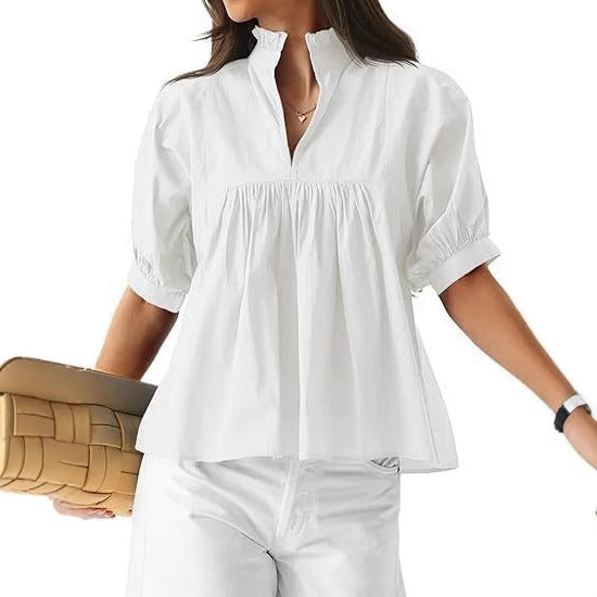 Damen elegante kurzärmlige Bluse mit Rüschendetails und lässigem Schnitt Drune