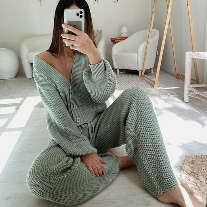 Damen modisches Strick-Loungewear-Set mit Knopfdetails und verstellbarem Bund Drune