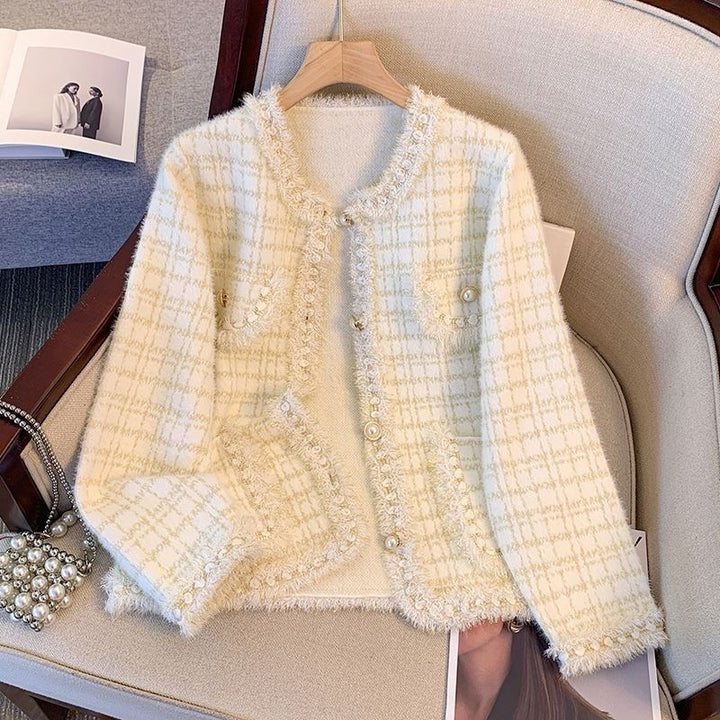 Damen Kuschelige Strickjacke mit dekorativen Perlen und Fransendetails Drune