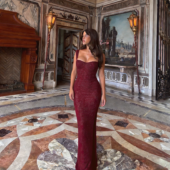 Damen glamouröses Party-Abendkleid mit funkelnden Pailletten und seitlichem Schlitz Drune