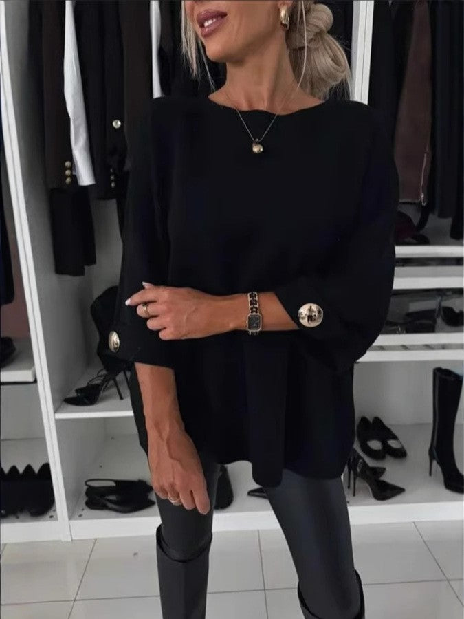 Damen lässiger Strickpullover mit modischen Knopfdetails Drune