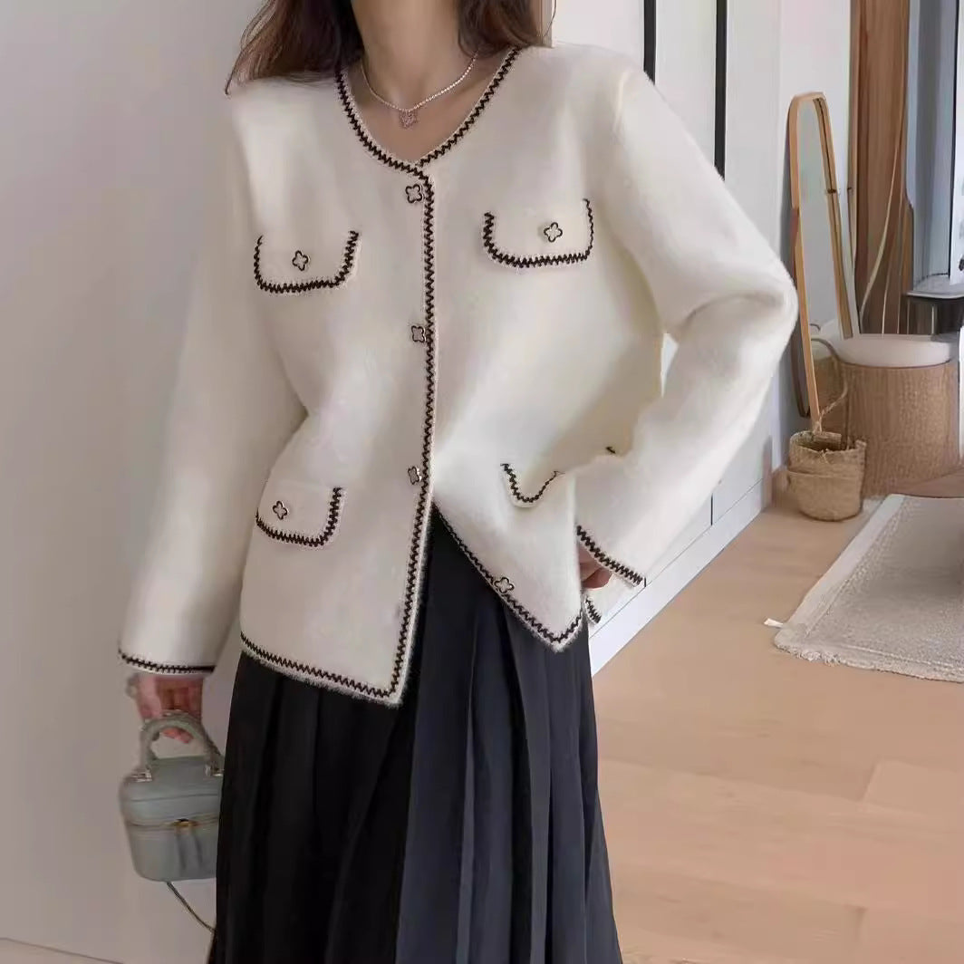 Damen elegante Strickjacke mit Kontrastnähten und Taschen Drune