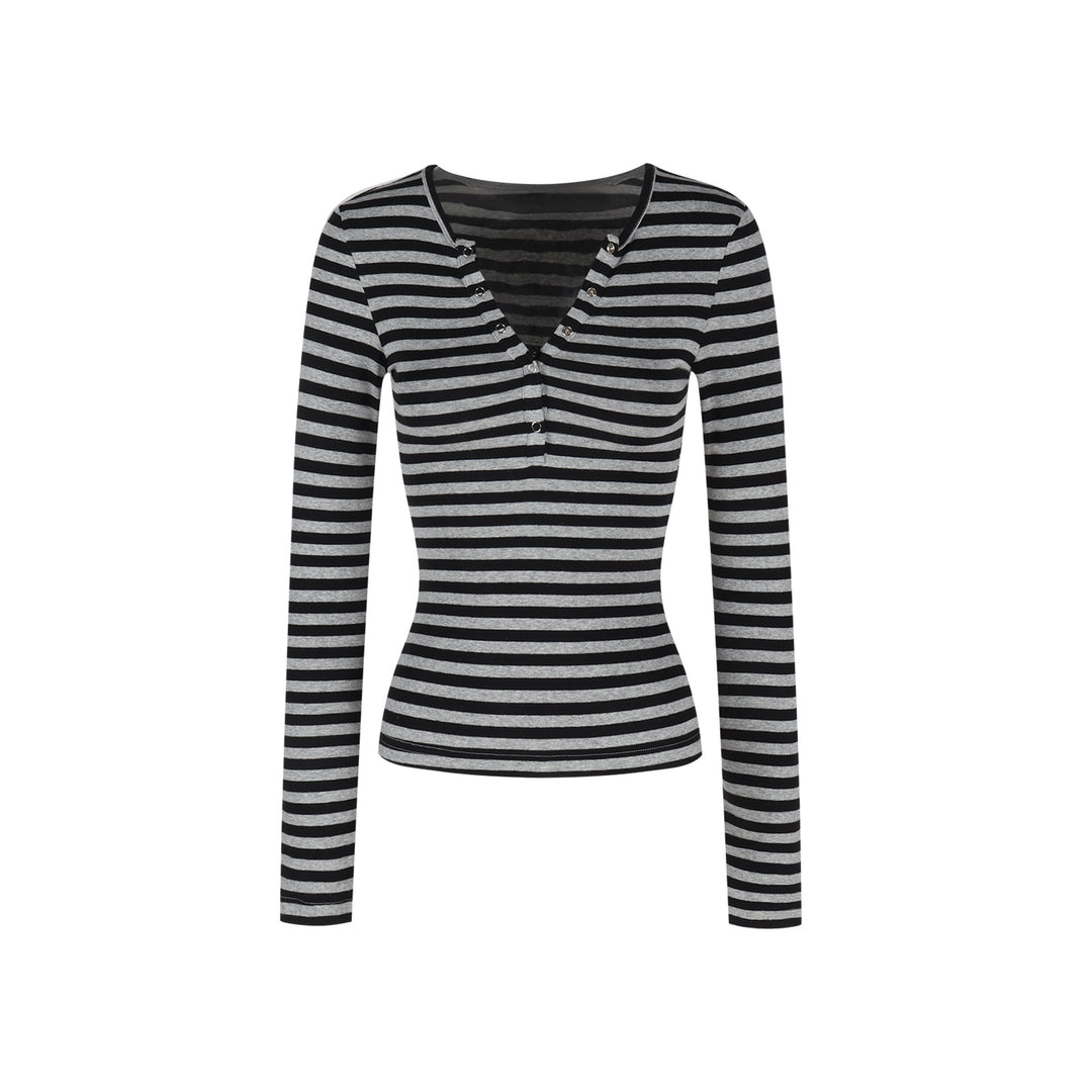 Damen Langarmshirt mit modernen Streifen und Knopfleiste Drune