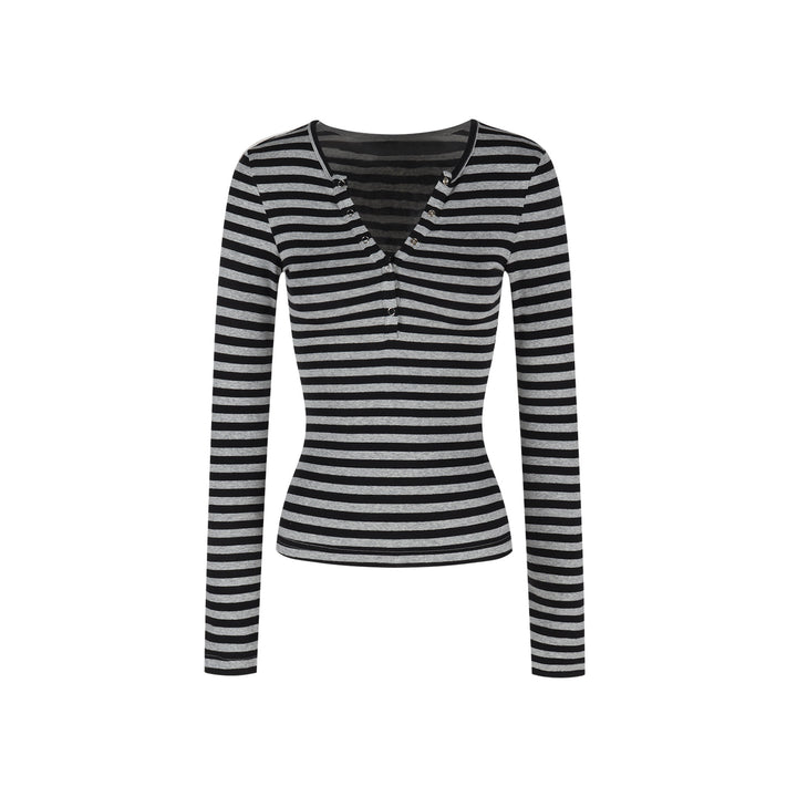 Damen Langarmshirt mit modernen Streifen und Knopfleiste Drune