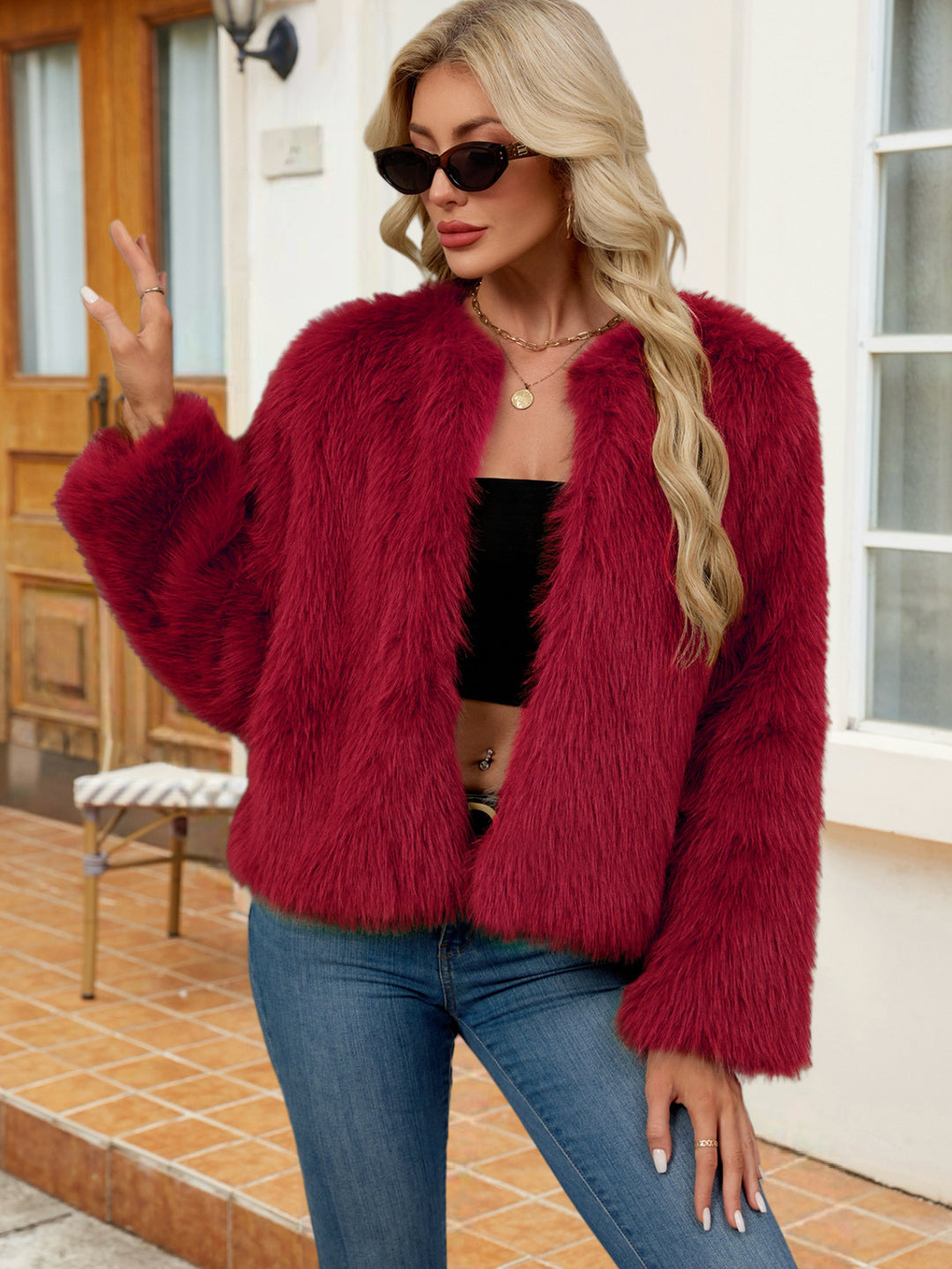 Damen Flauschige Kurzjacke aus Kunstfell mit lockerer Passform Drune