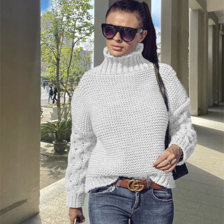 Damen kuscheliger Strickpullover mit Rollkragen und strukturierten Ärmeln Drune
