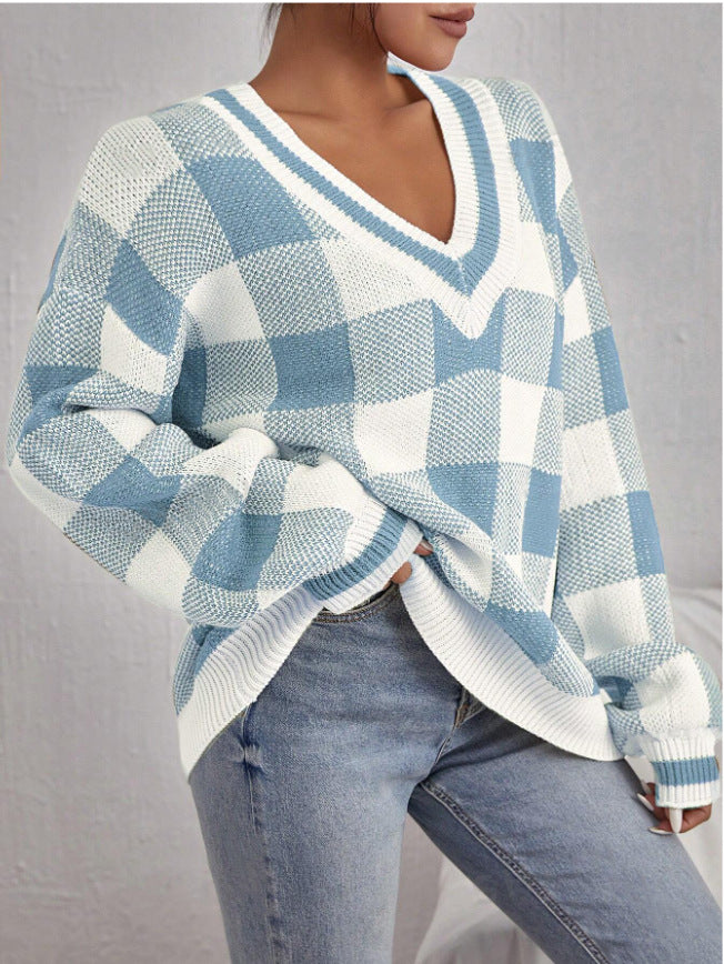 Damen Off-Shoulder Pullover im Karomuster mit langen Ärmeln Drune