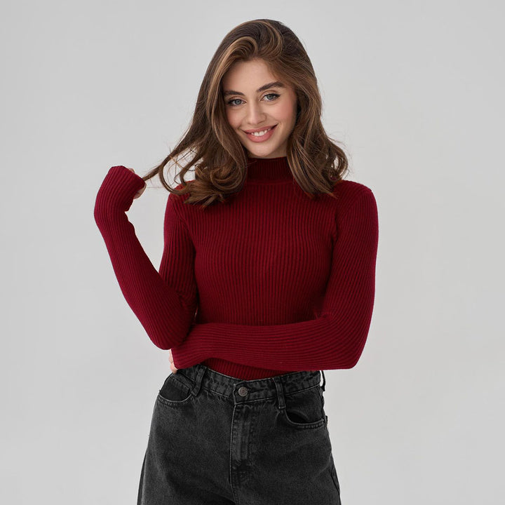 Damen Enganliegender Rippstrickpullover mit Stehkragen Drune