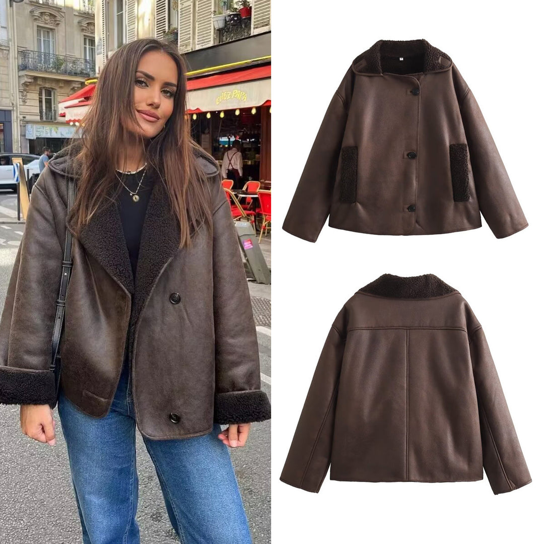 Damen nan Oversize Lammfellimitat Kunstlederjacke mit Sherpa-Kragen und Eingrifftaschen Drune