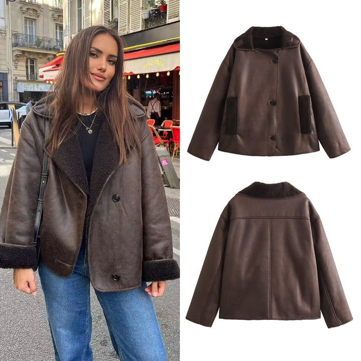 Damen nan Oversize Lammfellimitat Kunstlederjacke mit Sherpa-Kragen und Eingrifftaschen Drune