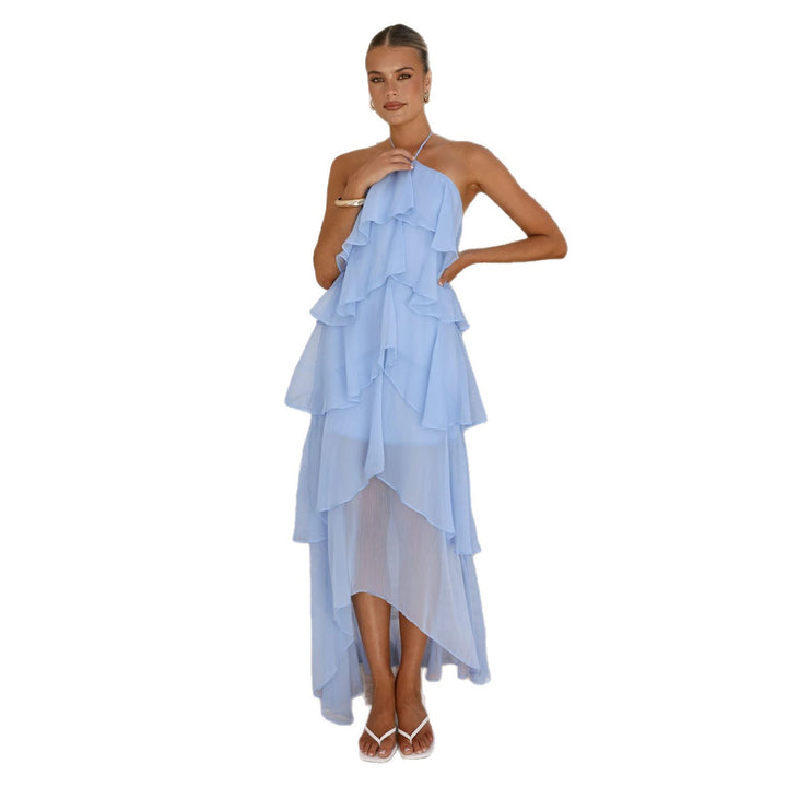 Damen Rüschen-Maxikleid mit asymmetrischem Design und elegantem Halteroberteil Drune