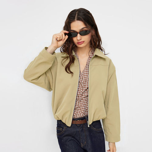 Damen lässige Kurzjacke mit elastischen Bündchen und modischem Reißverschluss Drune