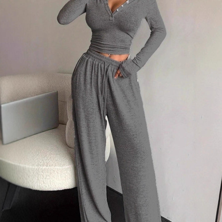 Damen lässiges Lounge-Set mit Knopfdetails und elastischem Bund Drune
