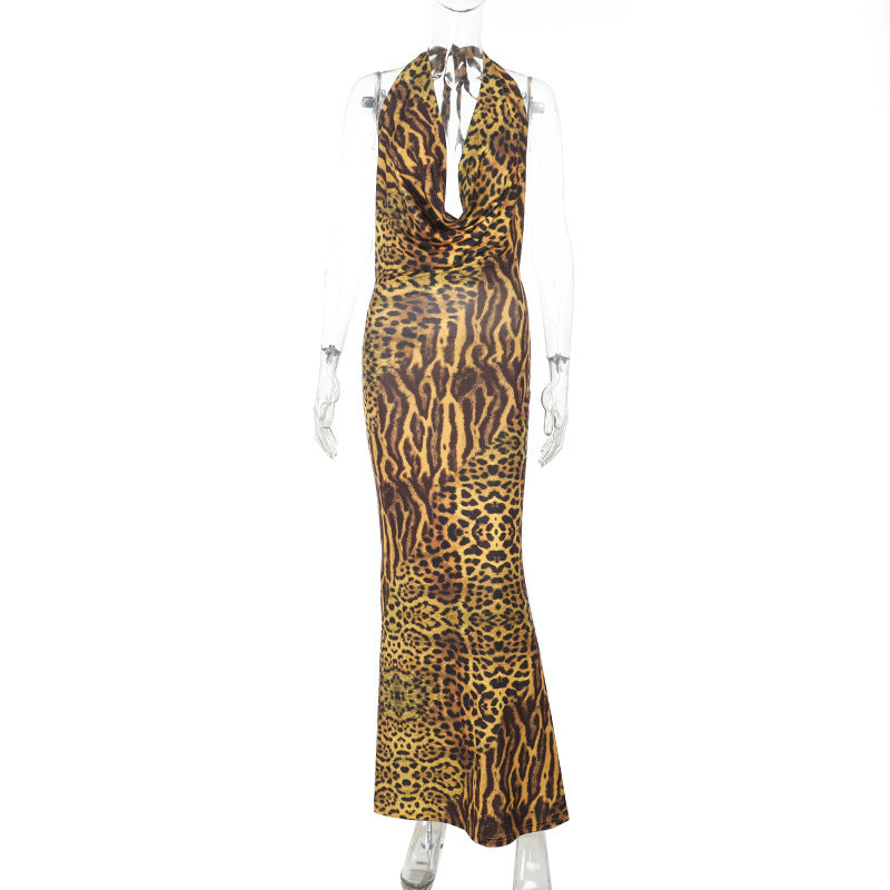 Damen Langarm-Maxikleid mit gerafftem Ausschnitt und animalischem Muster Drune