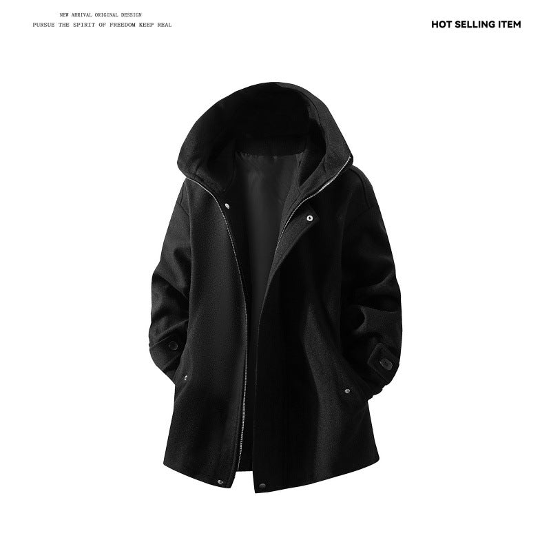 Herren nan Kapuzen-Mantel aus Wollmix mit Oversize-Schnitt und verdeckter Druckknopfleiste Drune