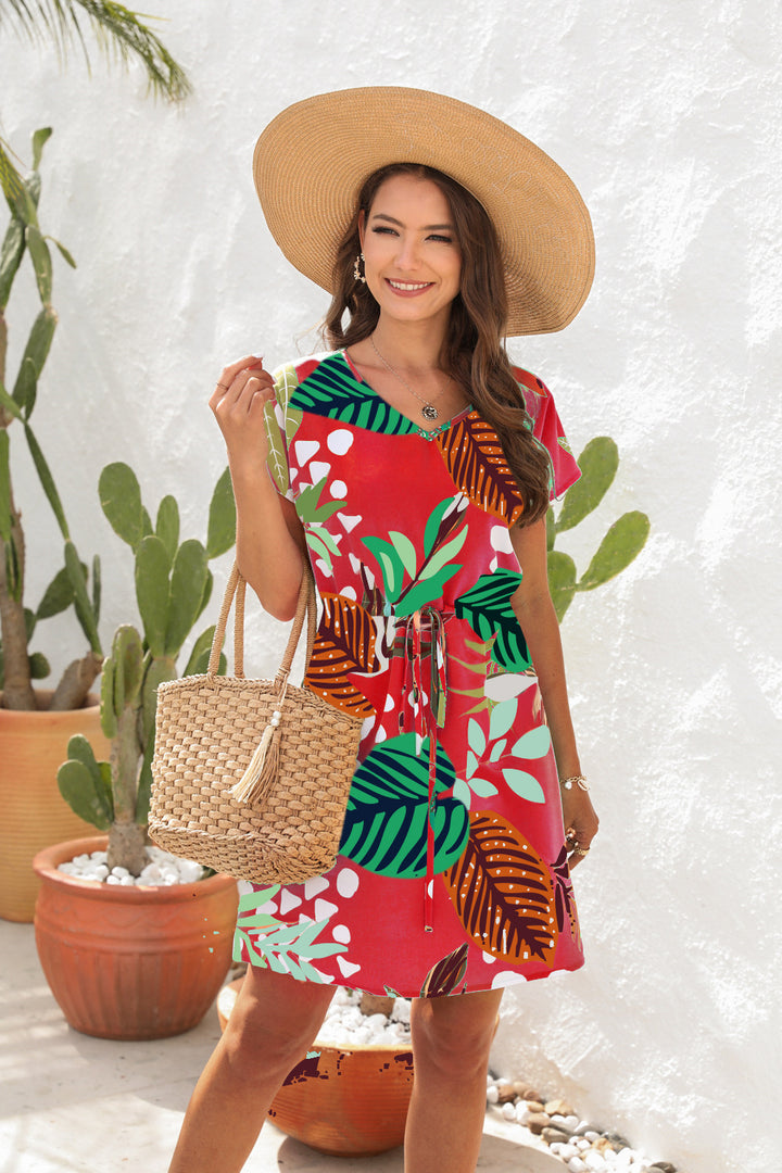 Damen Sommerliches Freizeitkleid mit floralem Muster und Taillengürtel Drune