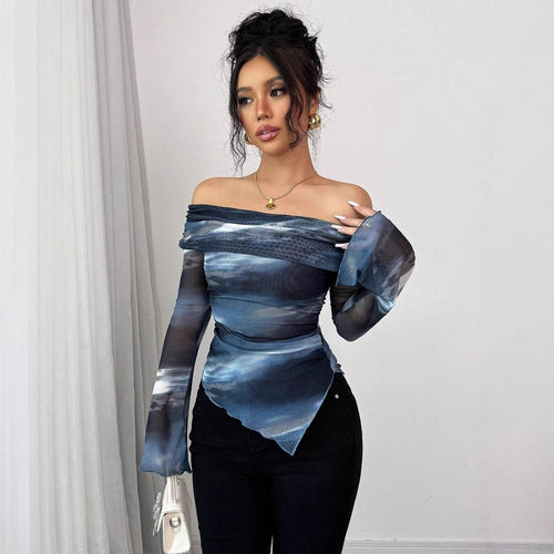 Damen nan schulterfreies Mesh-Wickeltop mit asymmetrischem Zipfelsaum und langen ausgestellten Ärmeln Drune