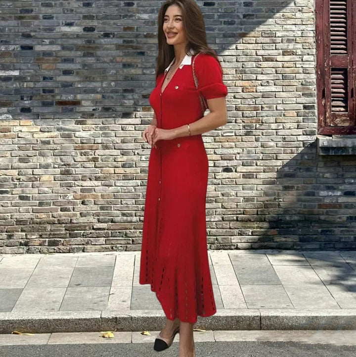 Damen Midi-Kleid mit Knopfleiste und kontrastierendem Kragen Drune