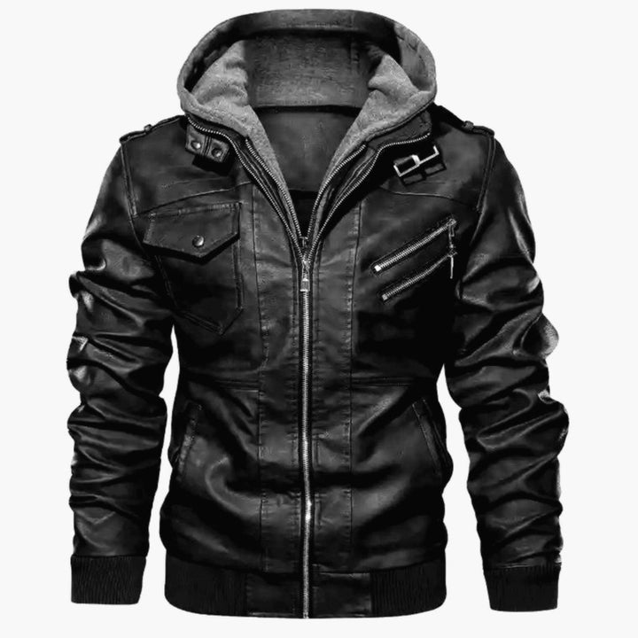 Herren nan Lederjacke mit Kapuze, Vintage-Bikerlook und mehreren Reißverschlusstaschen Drune