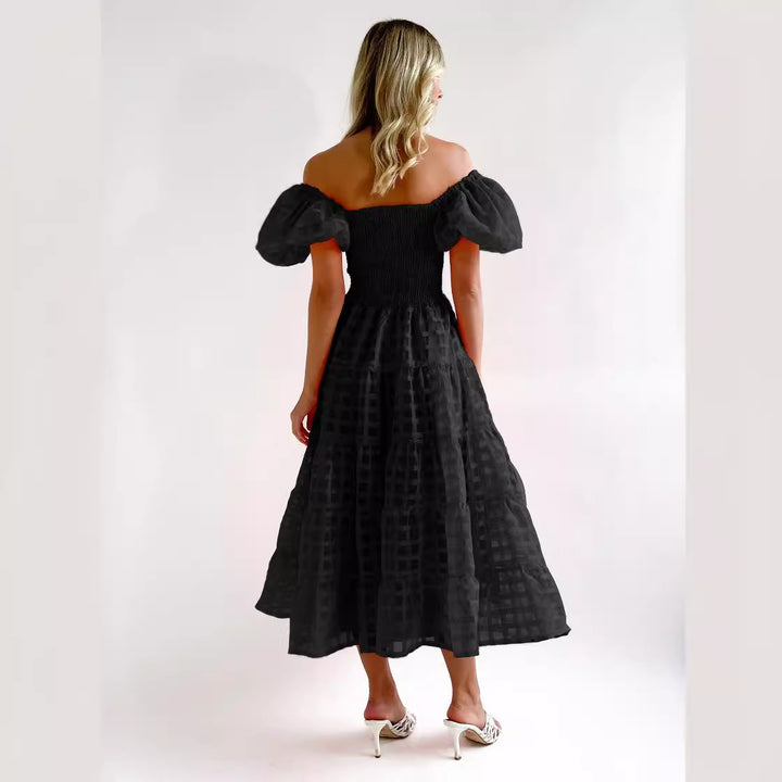 Damen Luftiges Maxikleid mit schwingendem Rock und voluminösen Puffärmeln Drune