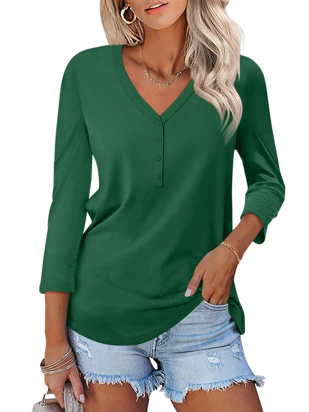 Damen Langarmshirt mit Knopfleiste und V-Ausschnitt Drune