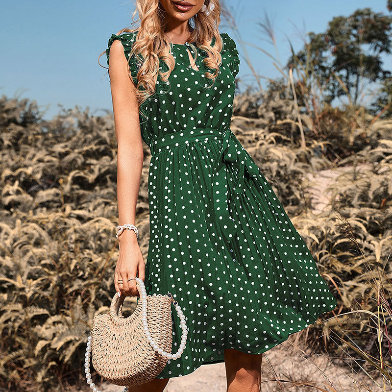 Damen Sommerliches Polka-Dot Kleid mit fixierendem Taillengürtel Drune