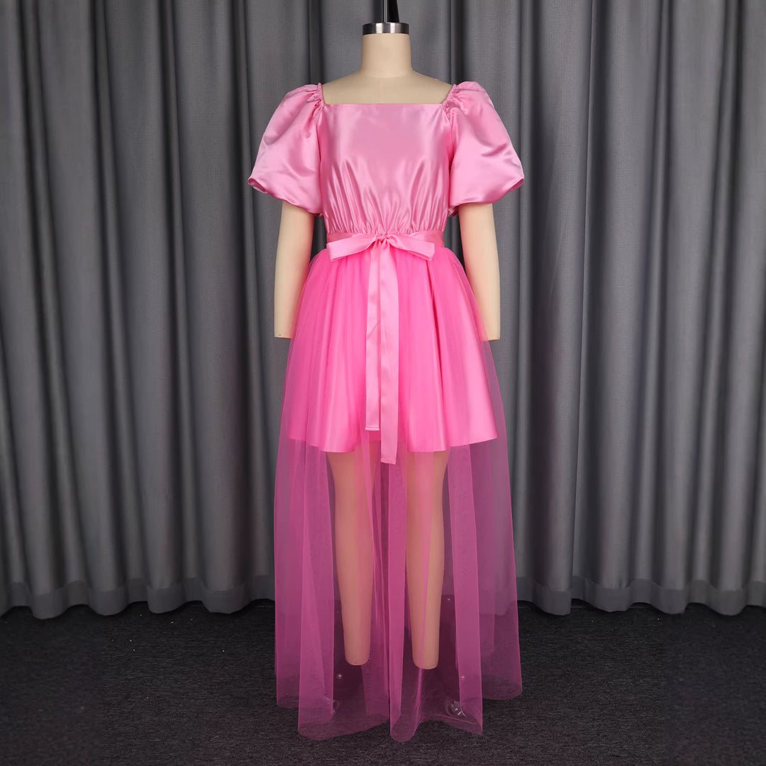 Damen luftiges Kleid mit schickem Tüllrock und Puffärmeln Drune