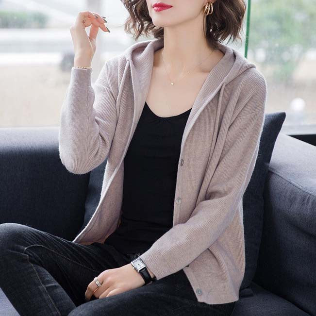 Damen Strickjacke mit Kapuze und Knopfverschluss Drune