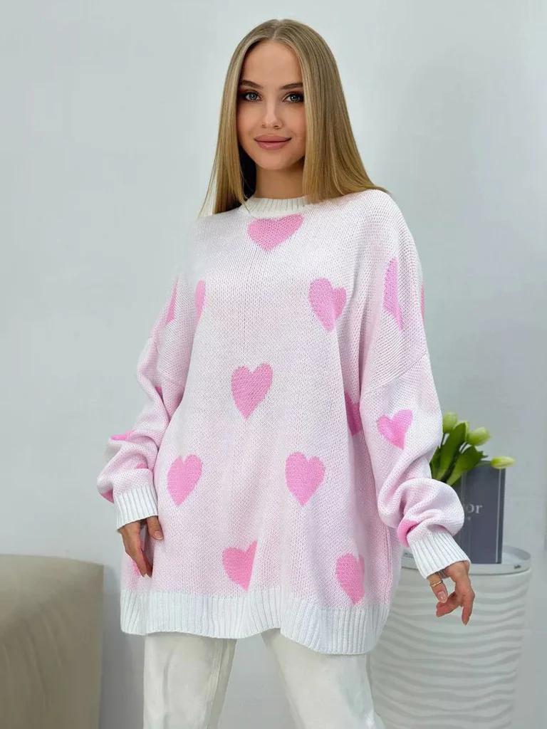 Damen Grobstrickpullover mit modischem Herzmuster und bequemer Passform Drune