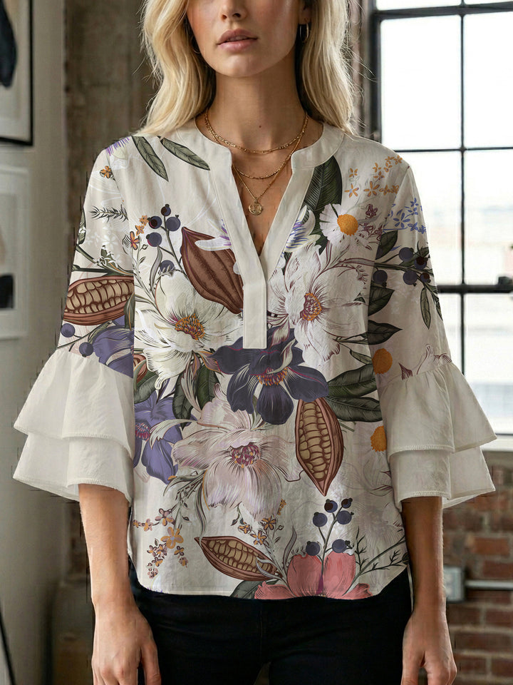 Damen Elegantes Oberteil mit voluminösen Rüchenärmeln und floralem Druck Drune