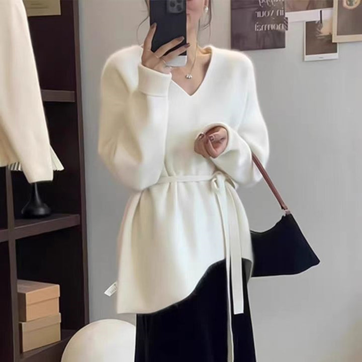 Damen Strickjacke mit elegantem V-Ausschnitt und Taillengürtel Drune