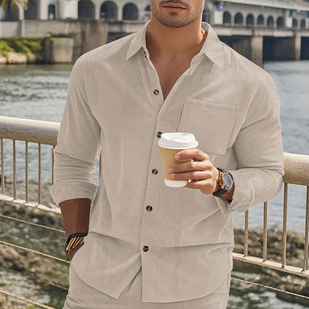 Herren gestreiftes Langarmshirt mit modischem Stehkragen und praktischer Brusttasche Drune