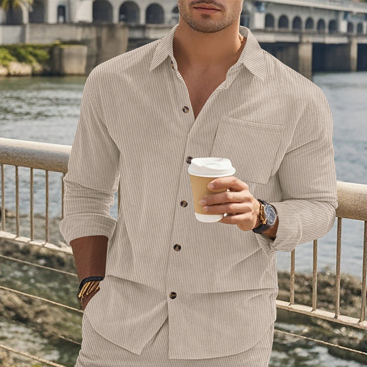 Herren gestreiftes Langarmshirt mit modischem Stehkragen und praktischer Brusttasche Drune
