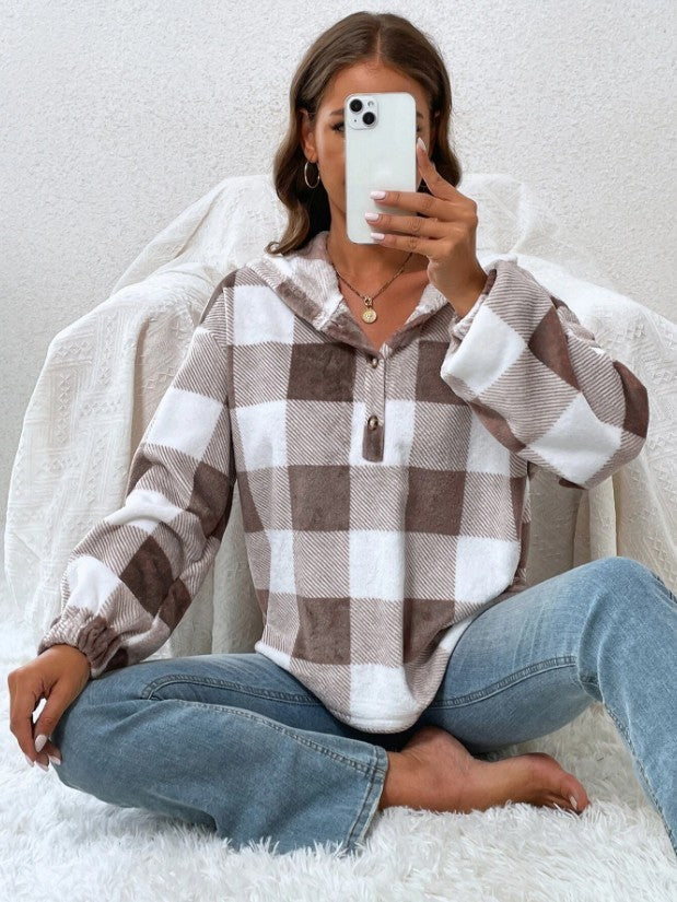 Damen Oversized Karo-Hoodie mit Knopfleiste und breiten Ärmeln Drune