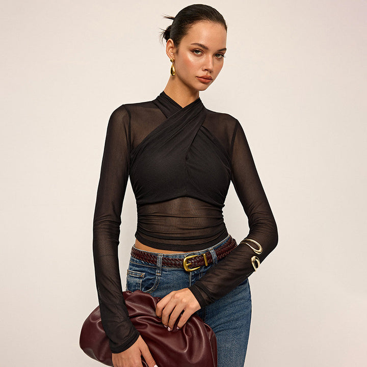 Damen Elegantes Wickeloberteil mit transparentem Stoff und langen Ärmeln Drune