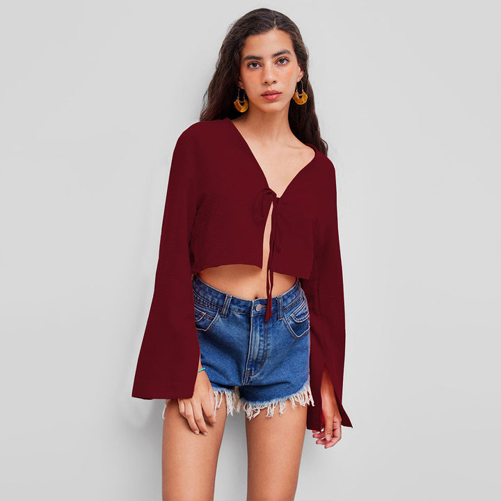 Damen Crop-Oberteil mit tiefem V-Ausschnitt und verspieltem Knoten Drune