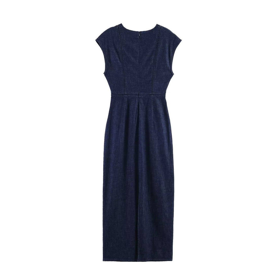 Damen Denim Maxikleid mit elegantem V-Ausschnitt und figurformender Silhouette Drune