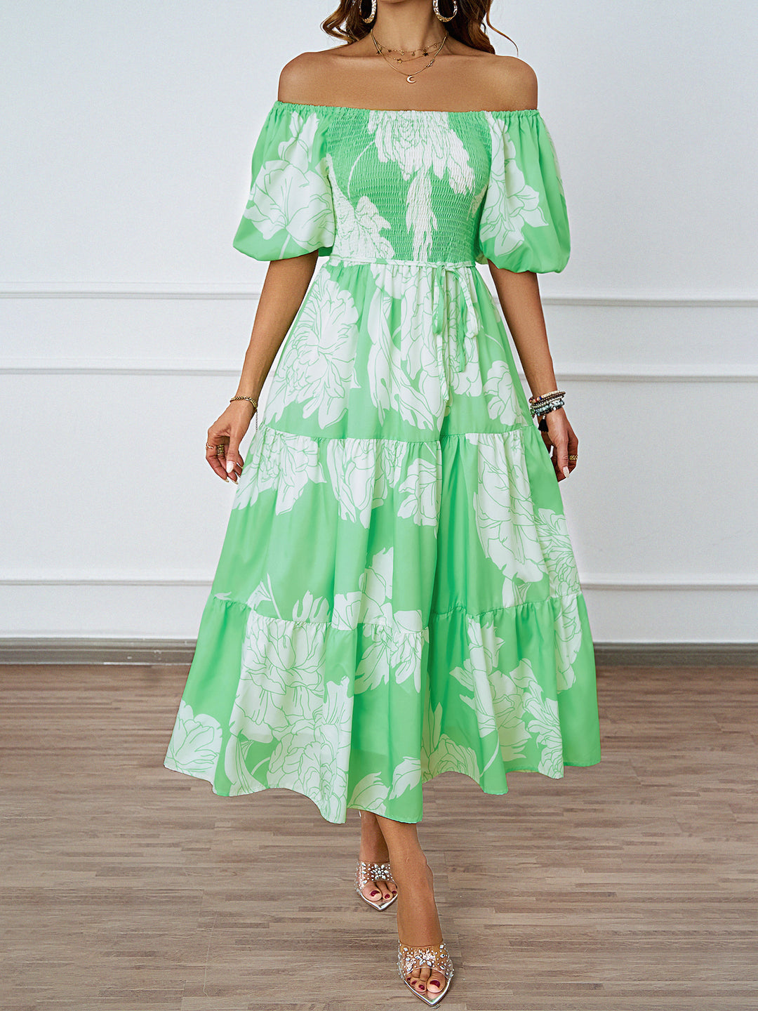 Damen Off-Shoulder Maxikleid mit voluminösen Ärmeln und print Drune