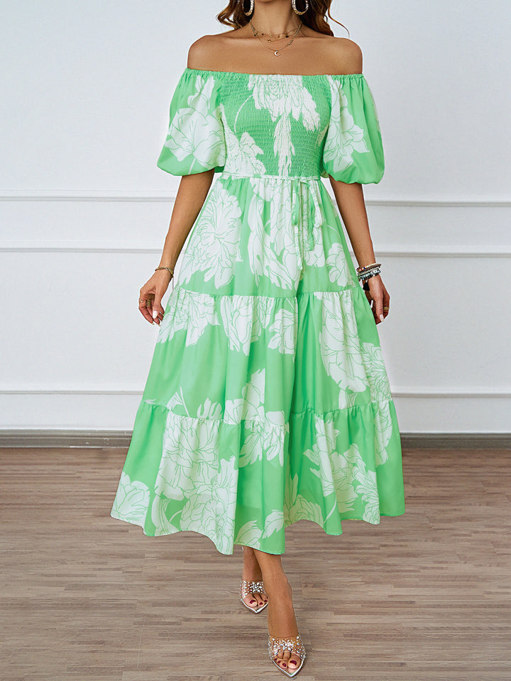 Damen Off-Shoulder Maxikleid mit voluminösen Ärmeln und print Drune