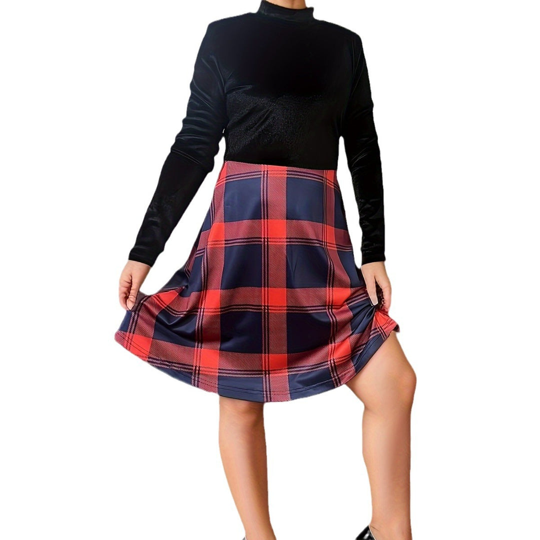 Damen Hochgeschlossen Kleid im Karomuster mit fließendem Rock Drune